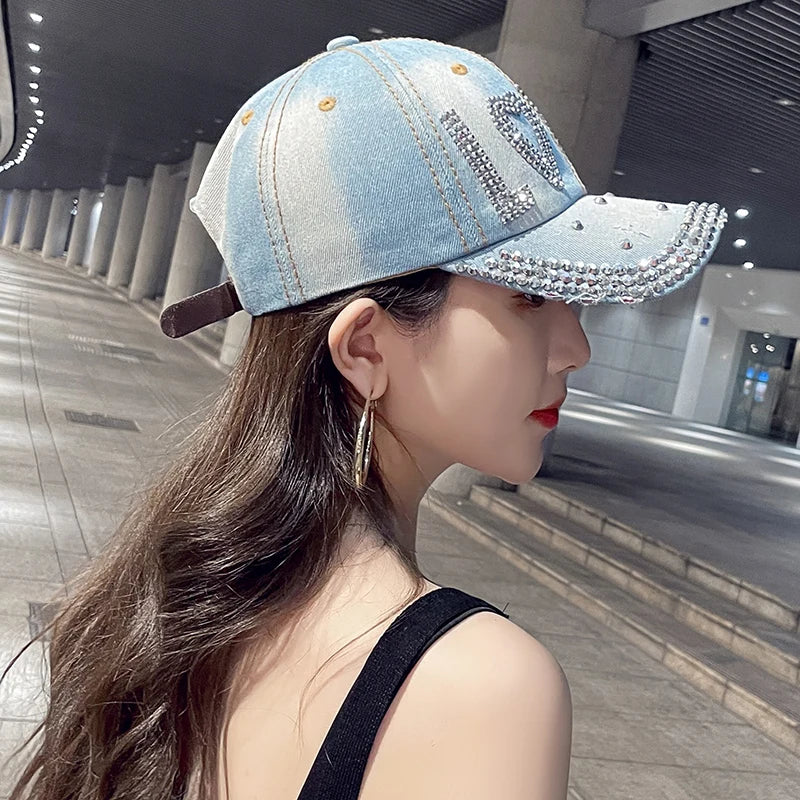 Jeans Cappy Denim Look Basecap Cap Kappe LOVE Strass gebogen Damen Baseball Cap