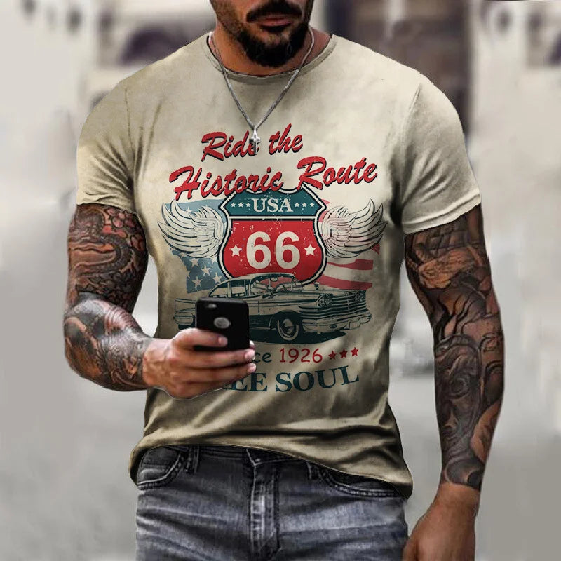 Herren T-Shirt Route 66 3D Kurzarm Shirt Rundhals Unisex Sommer Streetwear Top