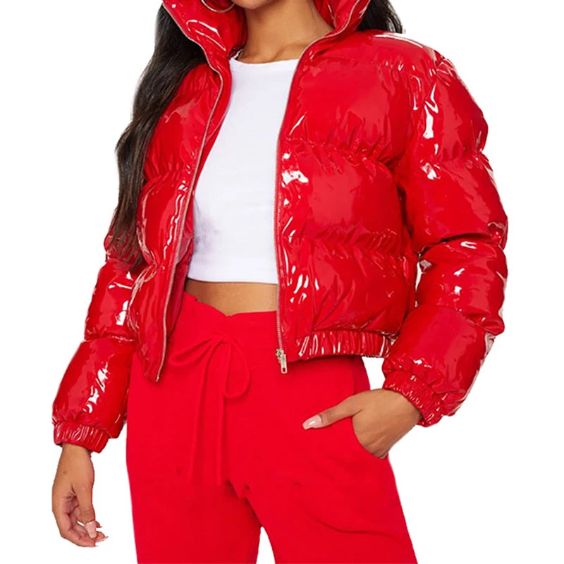 Damen Glänzende Daunenjacke Mit Kapuze Gold Steppjacke Streetwear Stepp Jacke