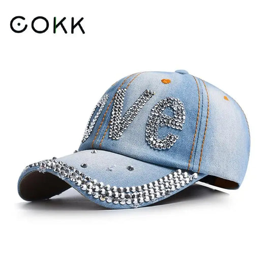 Jeans Cappy Denim Look Basecap Cap Kappe LOVE Strass gebogen Damen Baseball Cap
