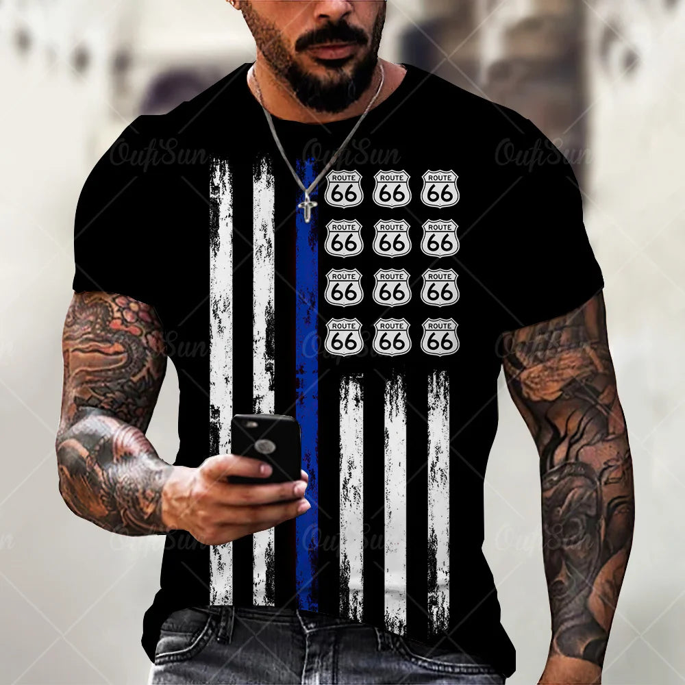 Herren T-Shirt Route 66 3D Kurzarm Shirt Rundhals Unisex Sommer Streetwear Top