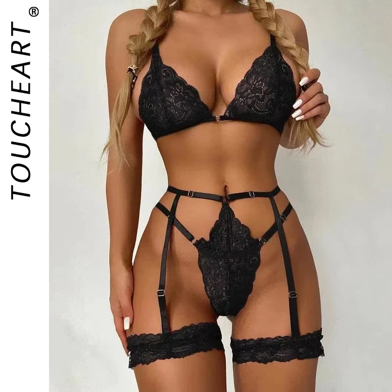 3 Stk BH Set Damen Sexy Spitze Dessous Bodysuit Body Unterwäsche Schwarz Tanga