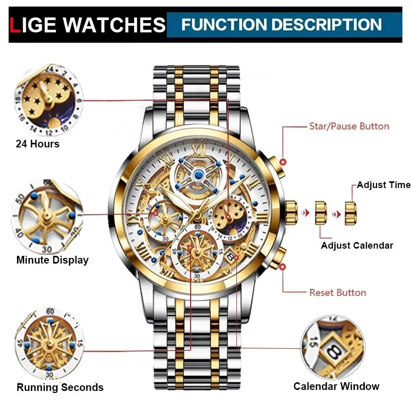 Herren Armbanduhr Silber Schwarz Edelstahl Quarzuhr Luxus Chronograph Business
