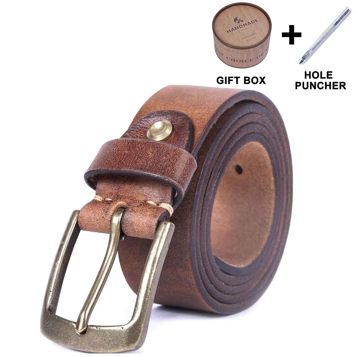 Jeans-Gürtel Herren Eckig Schnalle Echt Leder Gürtel Braun Breite Schnalle