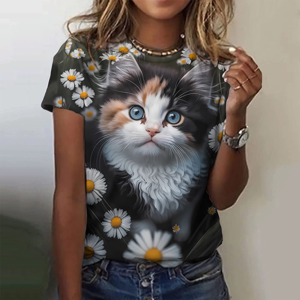 Damen Sommer Top 3D Katzen T-Shirt Rundhals Streetwear lockeres Damentop