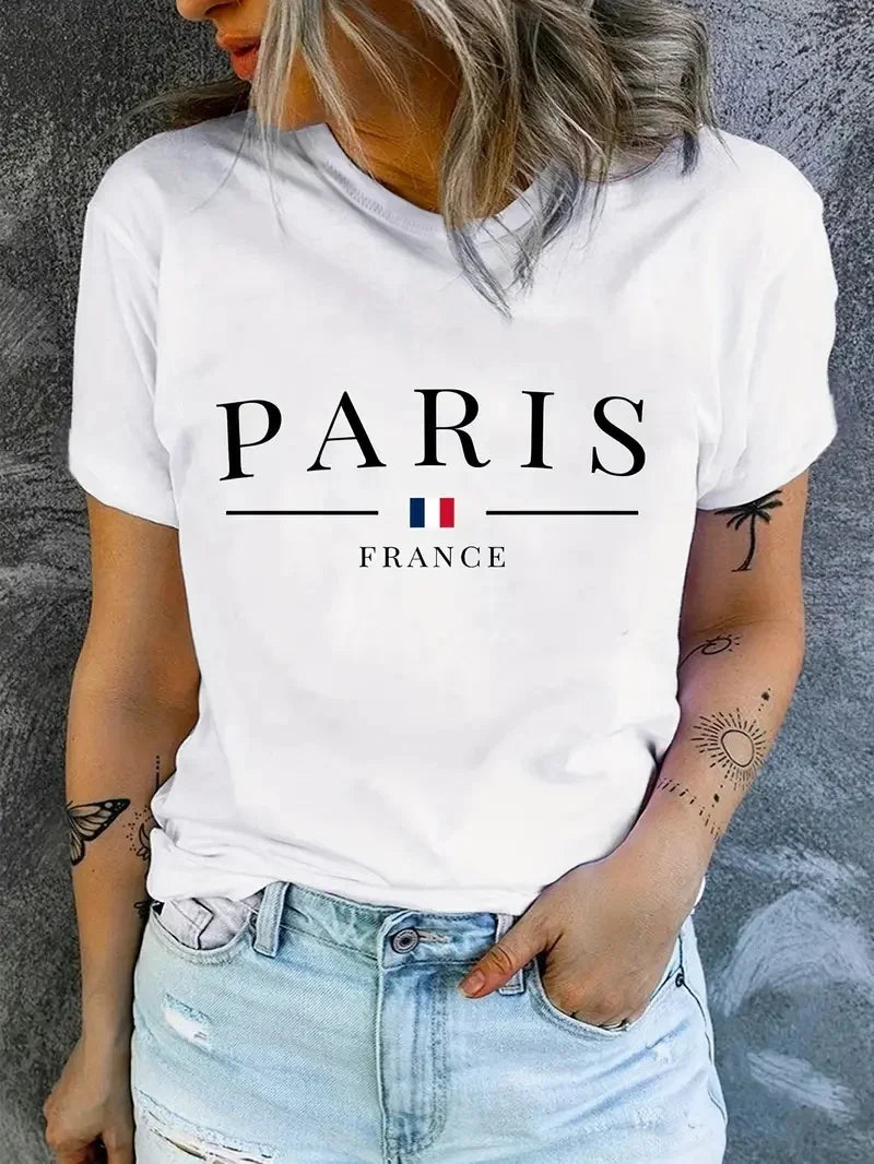 Damen Sommer Top Paris T-Shirt Rundhals Streetwear lockeres Damentop Bluse