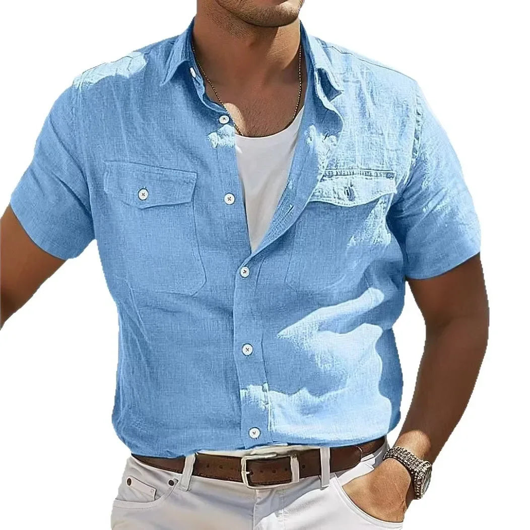 Herren Leinenhemd Poloshirt Langarm T-Shirt Leinen Hemd Polohemd Freizeithemd