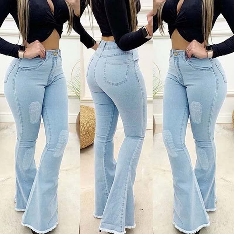 Damen Jeans Hose Bootcut Hüftjeans Schlaghose Flared Weites Bein Denim Stretch