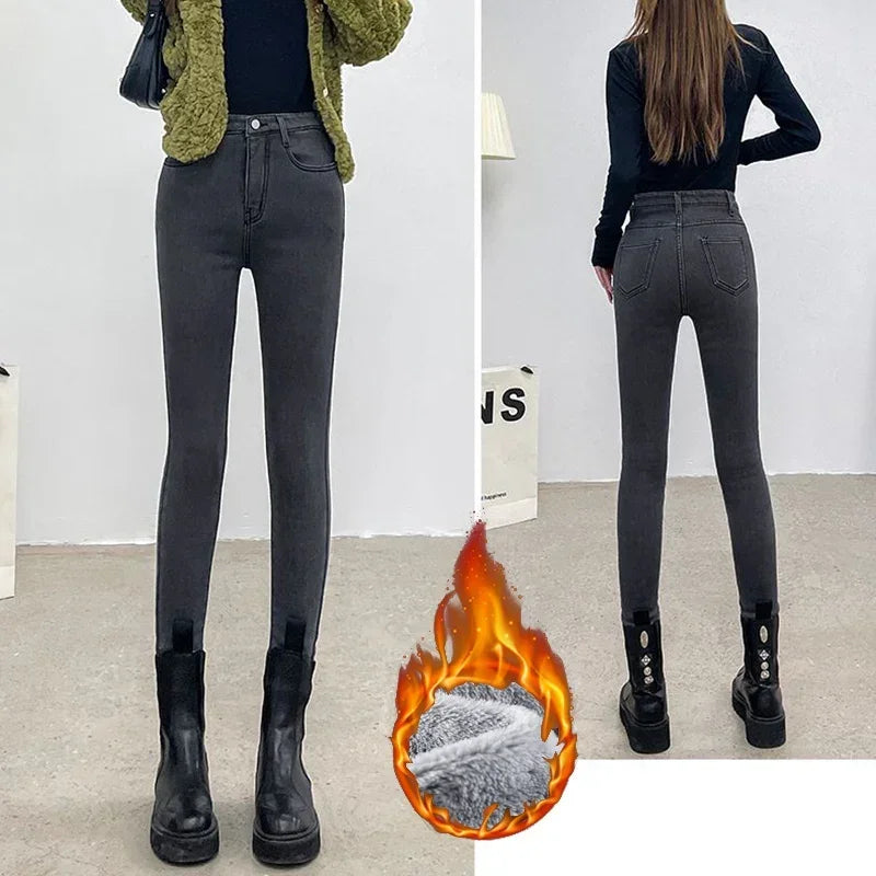 Damen Winter Warm Thermo Jeans Hose Innenfleece Stretch Hosen Leggins Denim