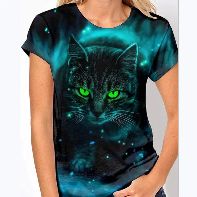 Damen T-Shirt Sommer Top Katzen Hemd Rundhals Streetwear lockeres Damentop