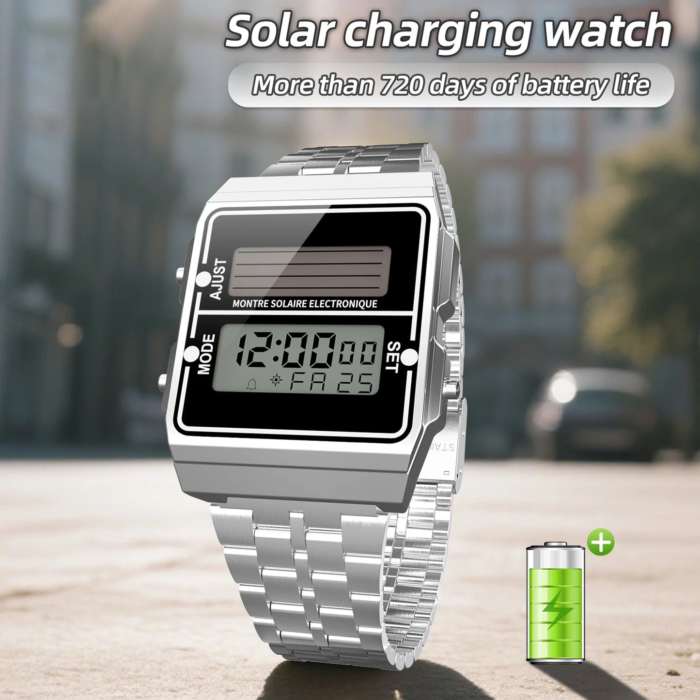 Solar Herren Digitaluhr Retro Chronograph Edelstahlarmband Wasserdicht Multifunktionale Sport Elektronische Uhren