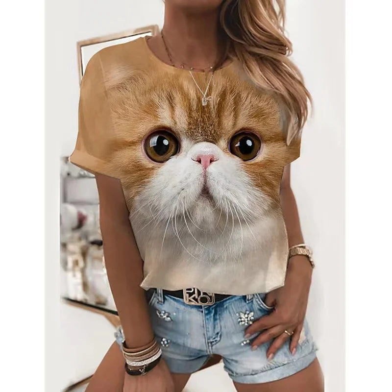 Damen T-Shirt Sommer Top Katzen Hemd Rundhals Streetwear lockeres Damentop