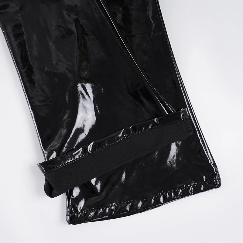 Sexy Damen Fashion Hose Gothic Punk glänzende PU Lederhose Schlaghose Latex