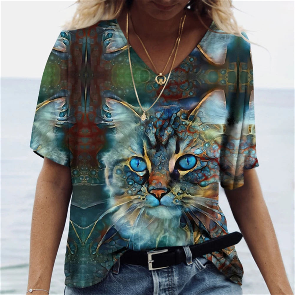 Damen Sommer Top Katzen T-Shirt V-Ausschnitt Hemd & Bluse Damentop Mädchen
