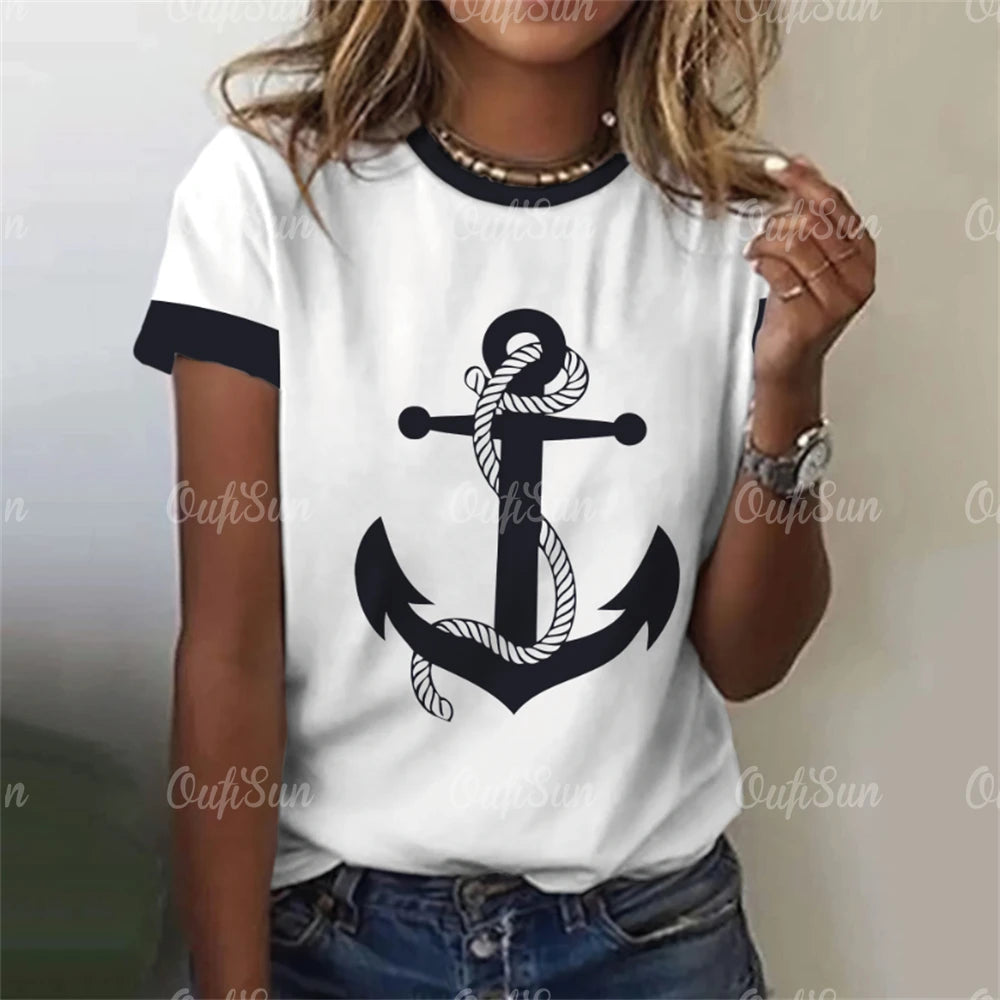 Damen Sommer Top Anker T-Shirt Rundhals Streetwear lockeres Damentop Anker-Motiv