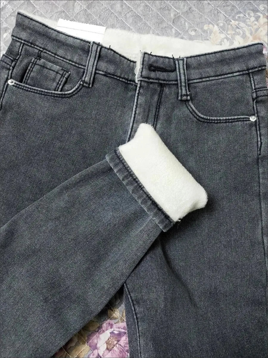 Damen Winter Warm Thermo Jeans Hose Innenfleece Stretch Hosen Leggins Denim