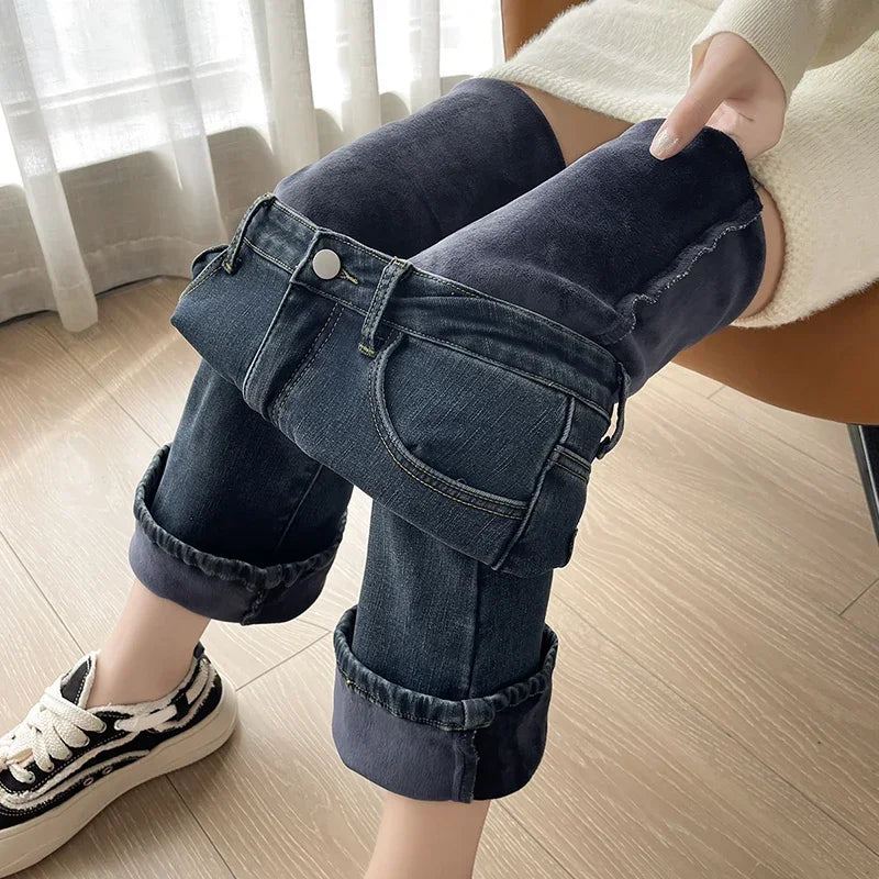 Damen Winter Warm Thermo Jeans Hose Innenfleece Stretch Hosen Leggins Denim