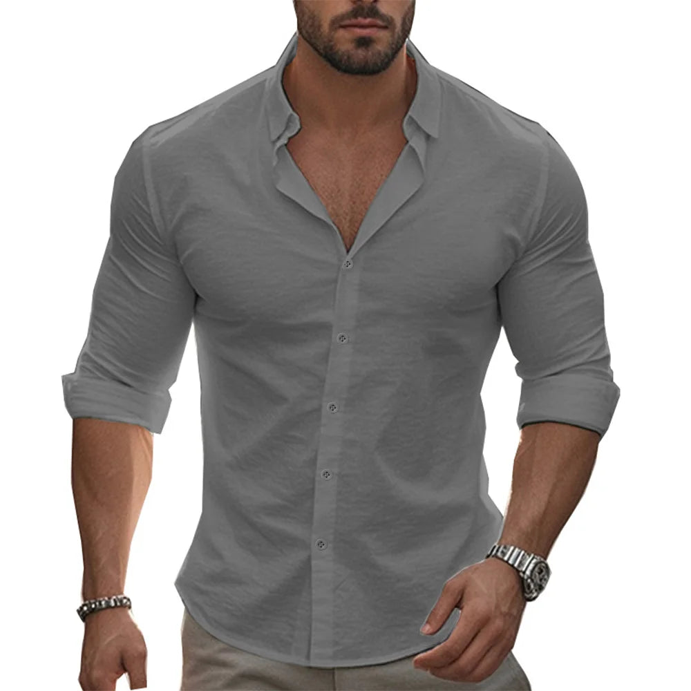 Herren Poloshirt Leinenhemd Langarm T-Shirt Leinen Hemd Polohemd Freizeithemd