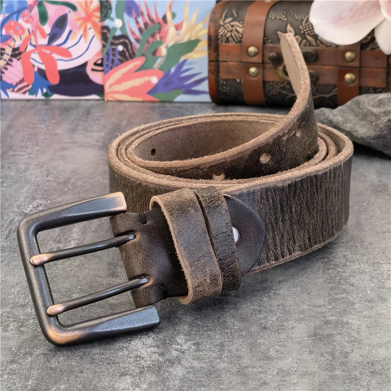 Jeans-Gürtel Herren Eckig Schnalle Echt Leder Gürtel Braun Breite Schnalle