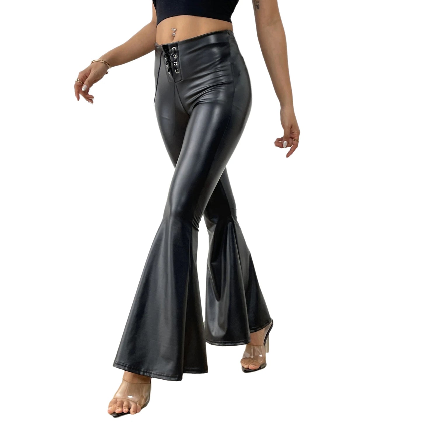 Sexy Damen Fashion Hose Gothic Punk glänzende PU Lederhose Schlaghose Latex