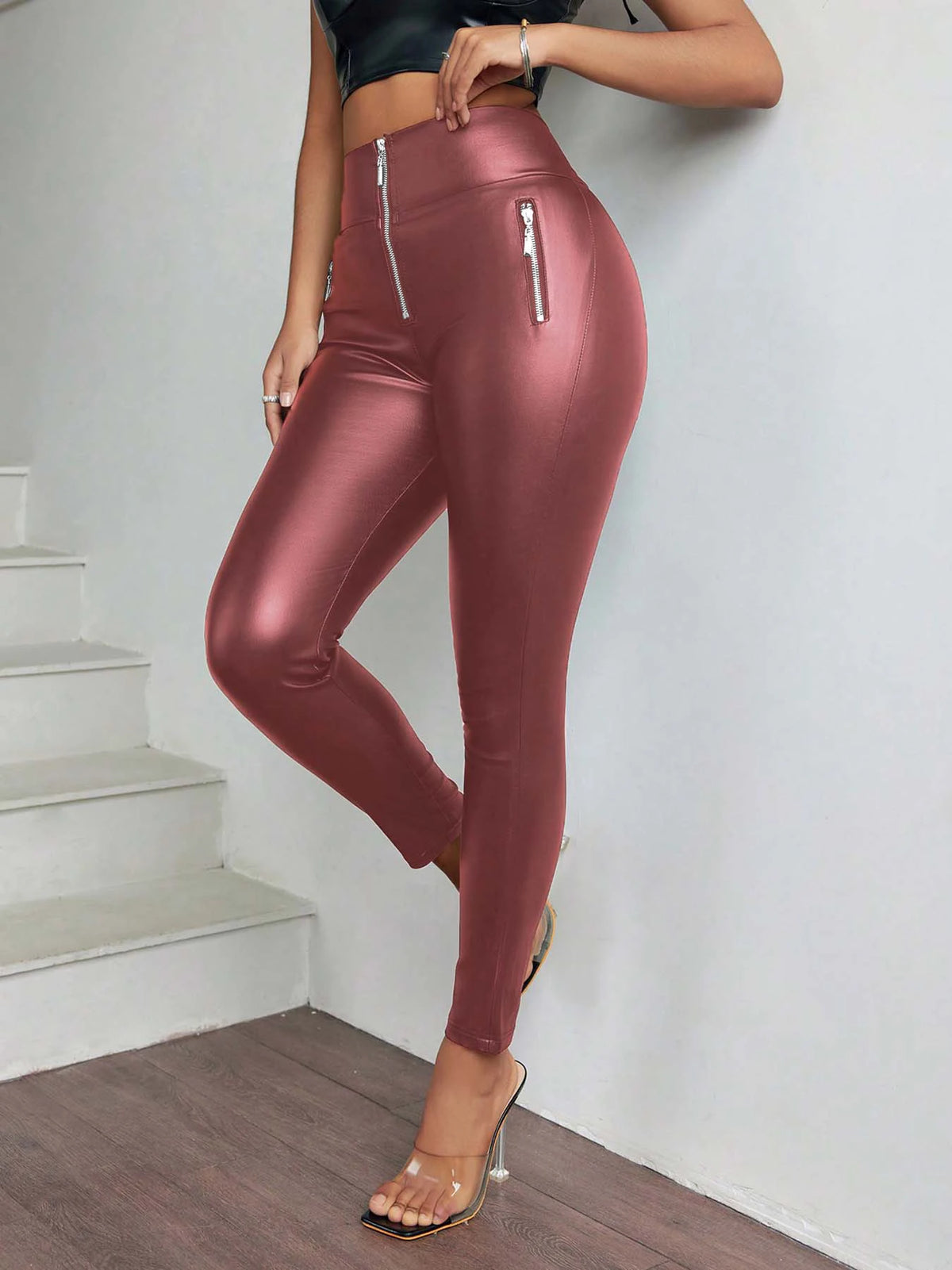 Sexy Damen Leggings Push Up Leggins Hose glänzendes PU Lederhose mit Taschen
