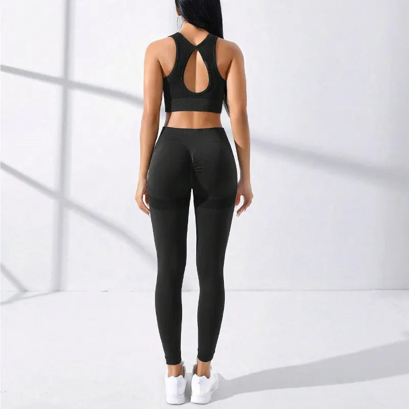 Damen Leggings Push Up Stretch Leggins Yoga Fitness Hose Sport BH Set Top Gym