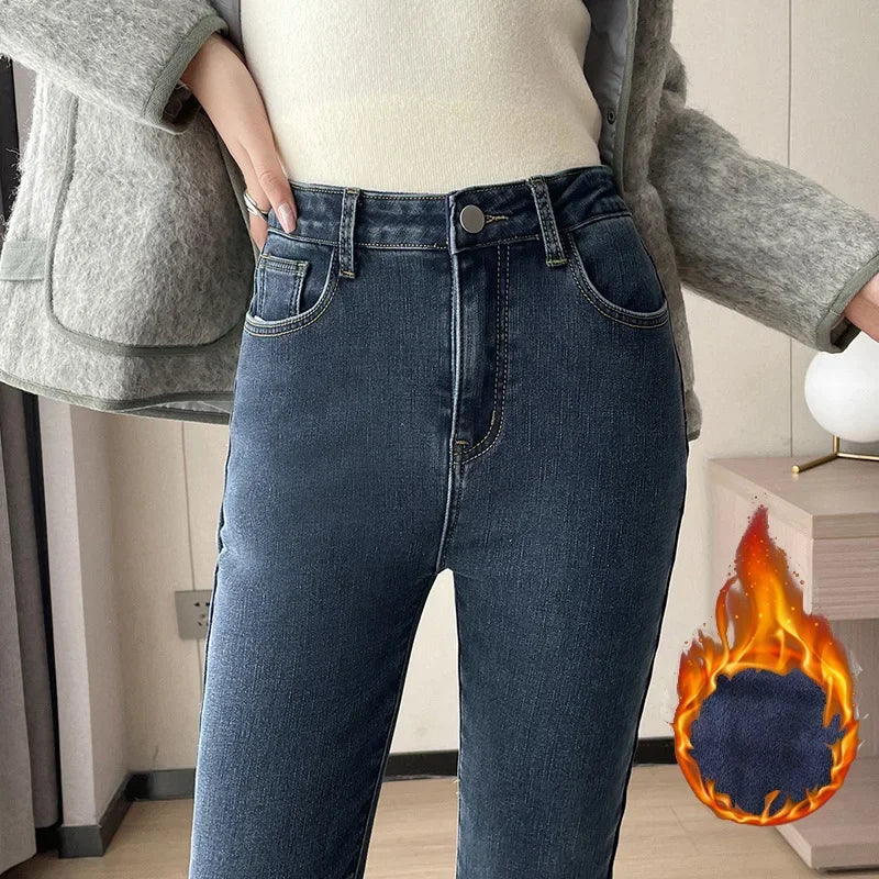 Damen Winter Warm Thermo Jeans Hose Innenfleece Stretch Hosen Leggins Denim