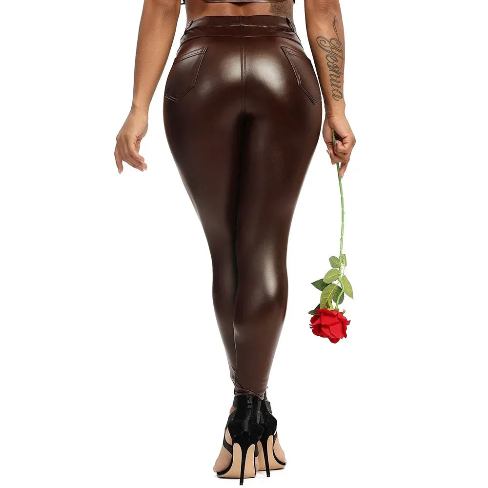 Sexy Damen Leggings Push Up Leggins Hose glänzendes PU Lederhose mit Taschen