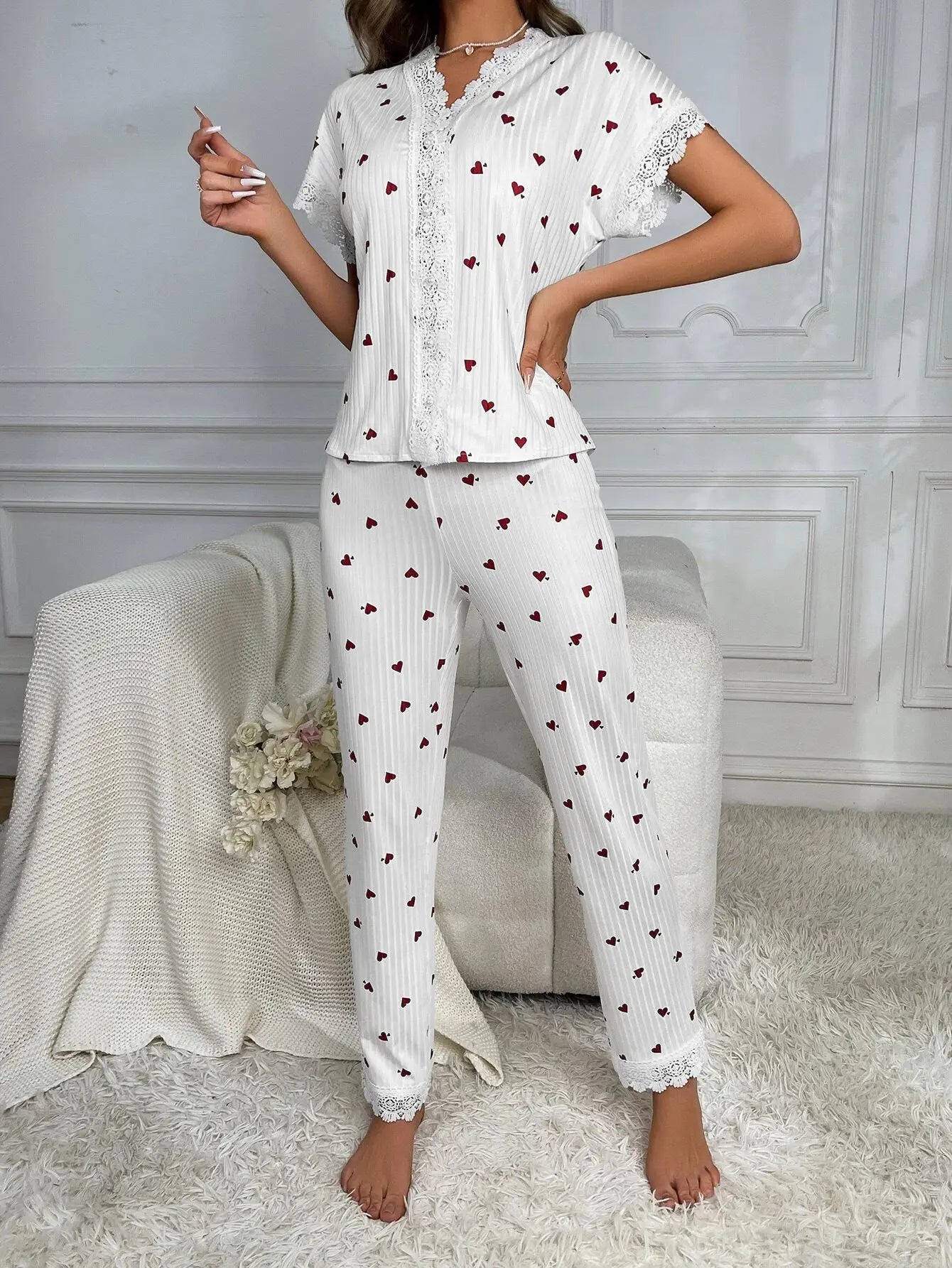 Frühlings-Sommer-Pyjama-Set für Damen, Nachtwäsche, Spitzenbesatz, Herzdruck, kurzärmliges Oberteil und Hose in voller Länge, Nachtwäsche, Loungewear
