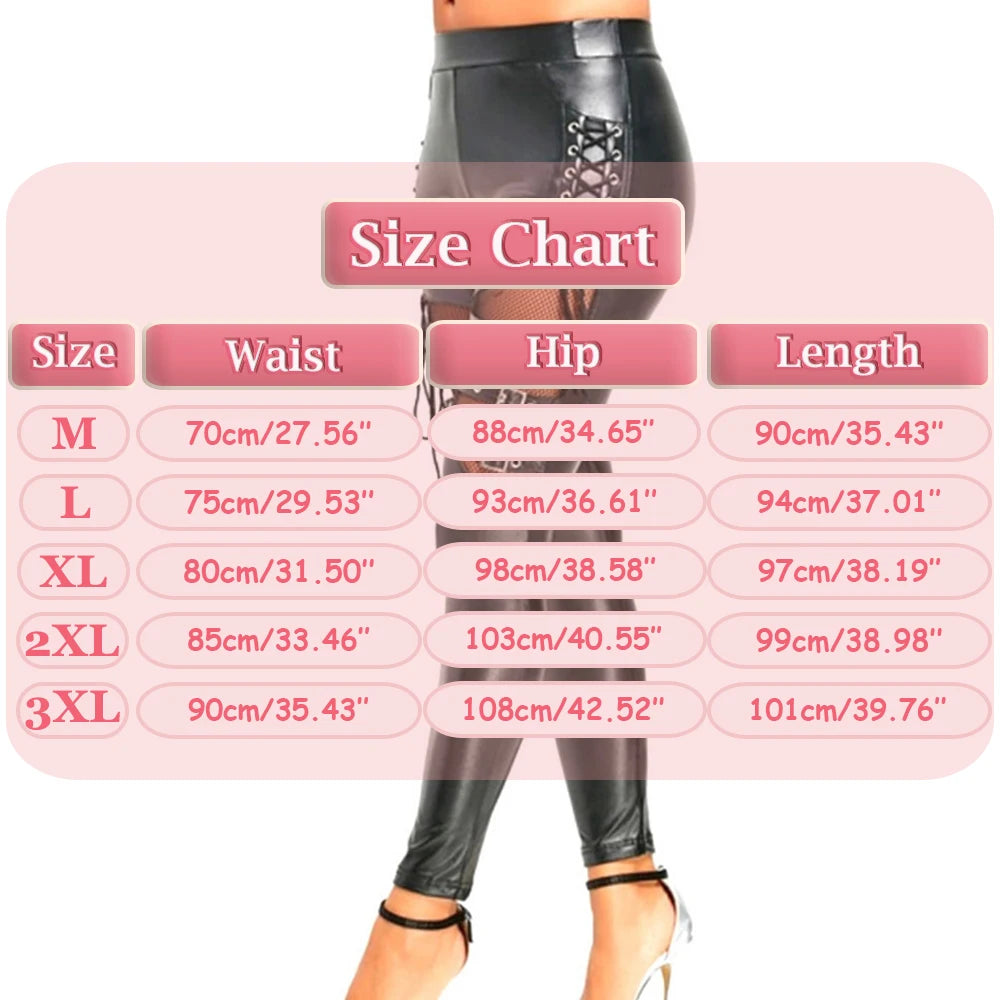 Sexy Damen Leggings Push Up Leggins Gothic Punk Hose PU Lederhose mit Kordelzug