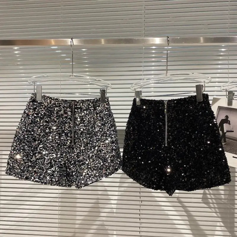 Damen Bermuda Shorts Hot Pants Kurze Hose Samt Pailletten Glänzende Clubwear