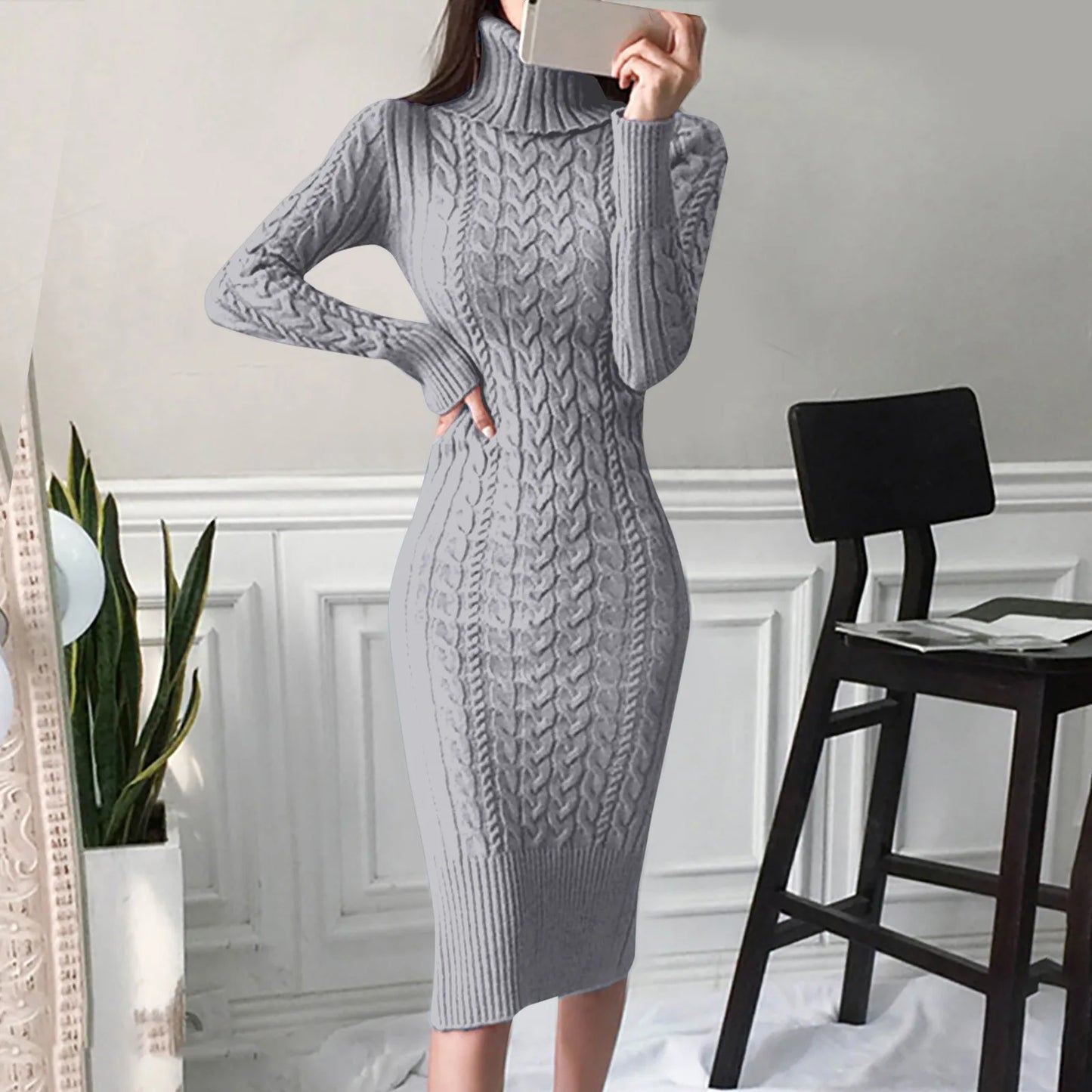 Damen Wollkleid Rollkragen Stiefelkleid Herbstkleid Winterkleid Strickkleid Long