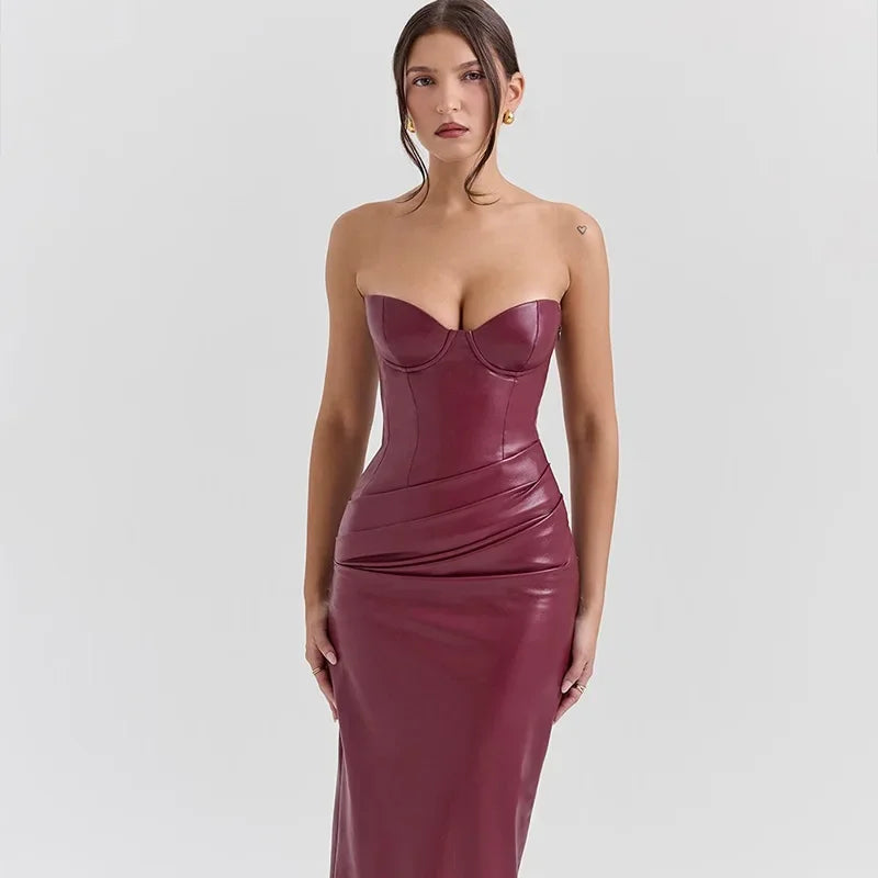 Frauen PU Leder Kleid rückenfreies Partykleid Trägerlos Abendkleid Cocktailkleid