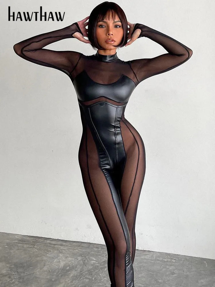 Sexy Damen Bodycon Overall Jumpsuit Strampler Catsuits Leder Optik Nachtclub