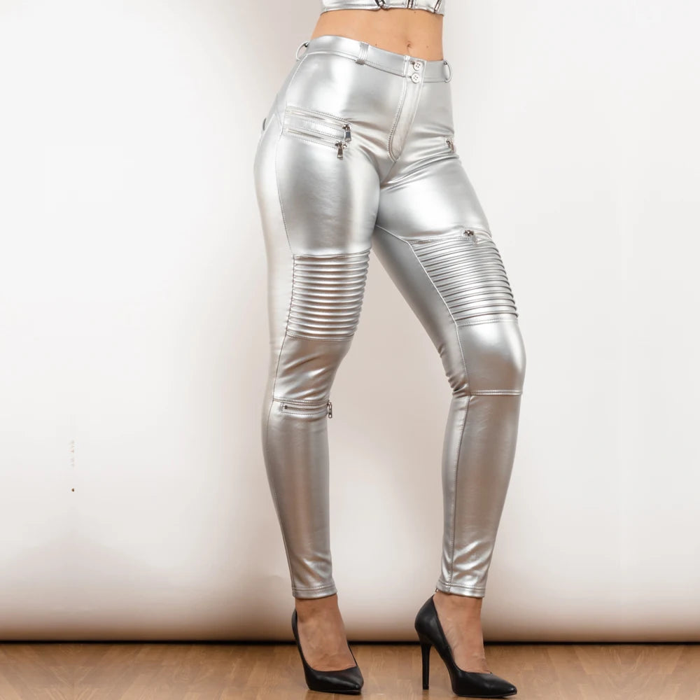 Sexy Damen Stretch Leggings Leggins Gothic Punk Hose PU Lederhose Reißverschluss