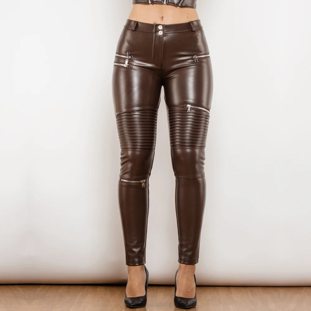 Sexy Damen Stretch Leggings Leggins Gothic Punk Hose PU Lederhose Reißverschluss