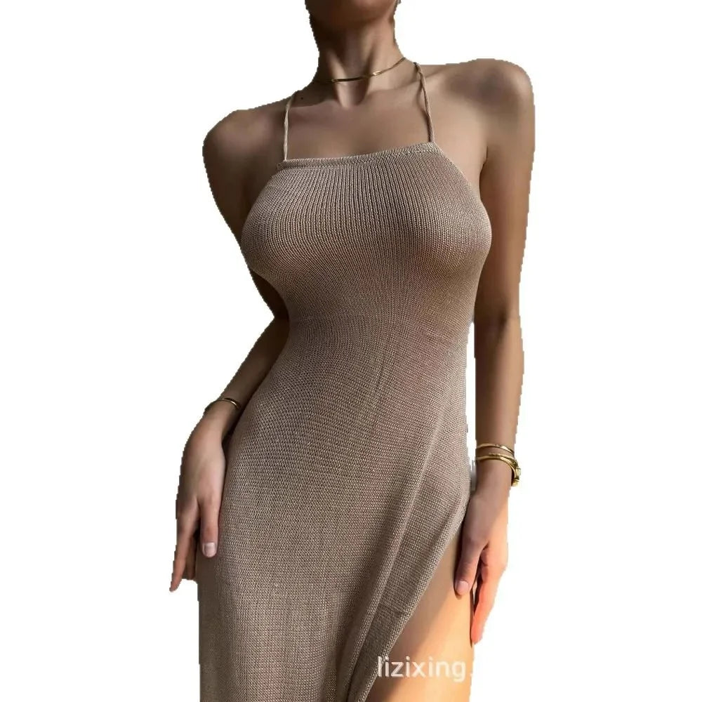 Frauen Kleid rückenfreies gestricktes Strandkleid mit hohem Schlitz Partykleid