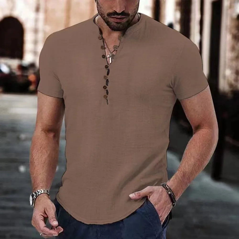 Herren Poloshirt Leinenhemd Langarm T-Shirt Leinen Hemd Polohemd Freizeithemd