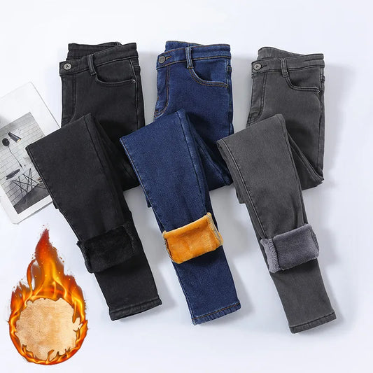 Frauen Winter Warm Thermo Jeans Hose Innenfleece Stretch Hosen Leggins Denim