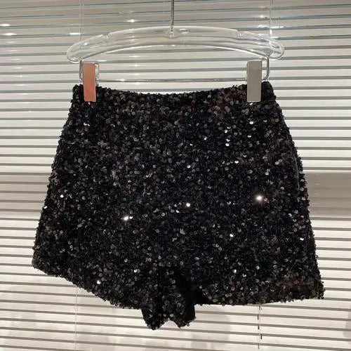 Damen Bermuda Shorts Hot Pants Kurze Hose Samt Pailletten Glänzende Clubwear