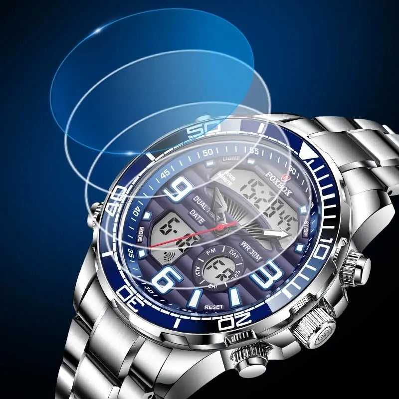 Herren Armbanduhr Silber Schwarz Edelstahl Quarzuhr Luxus Chronograph Business
