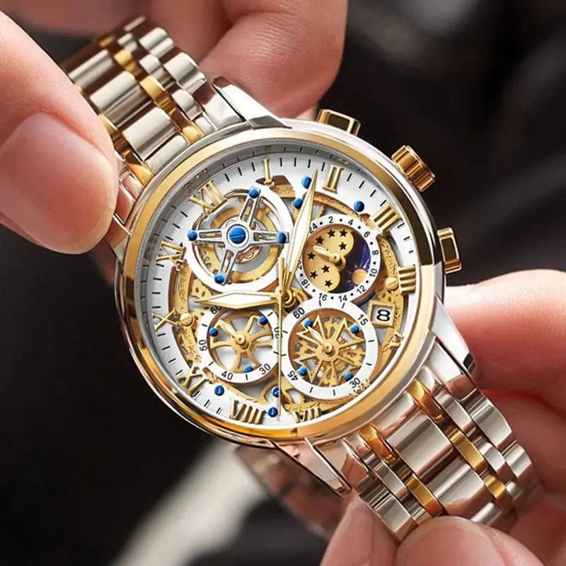 Herren Armbanduhr Silber Schwarz Edelstahl Quarzuhr Luxus Chronograph Business