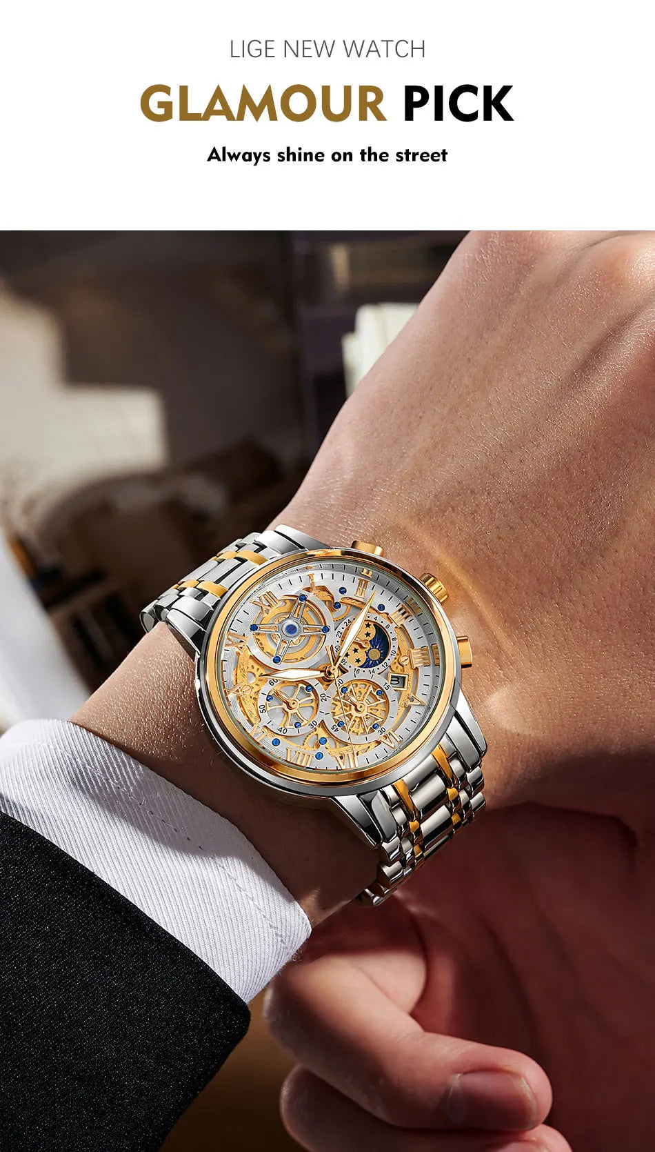 Herren Armbanduhr Silber Schwarz Edelstahl Quarzuhr Luxus Chronograph Business