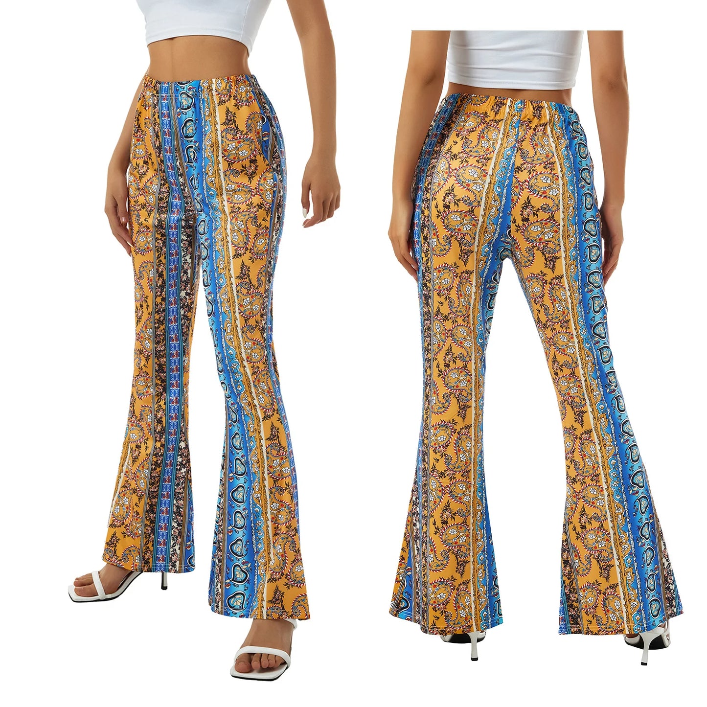 Damen Hose Bootcut Hüftjeans Schlaghose Flared Leggins Flower Power Retro Boho