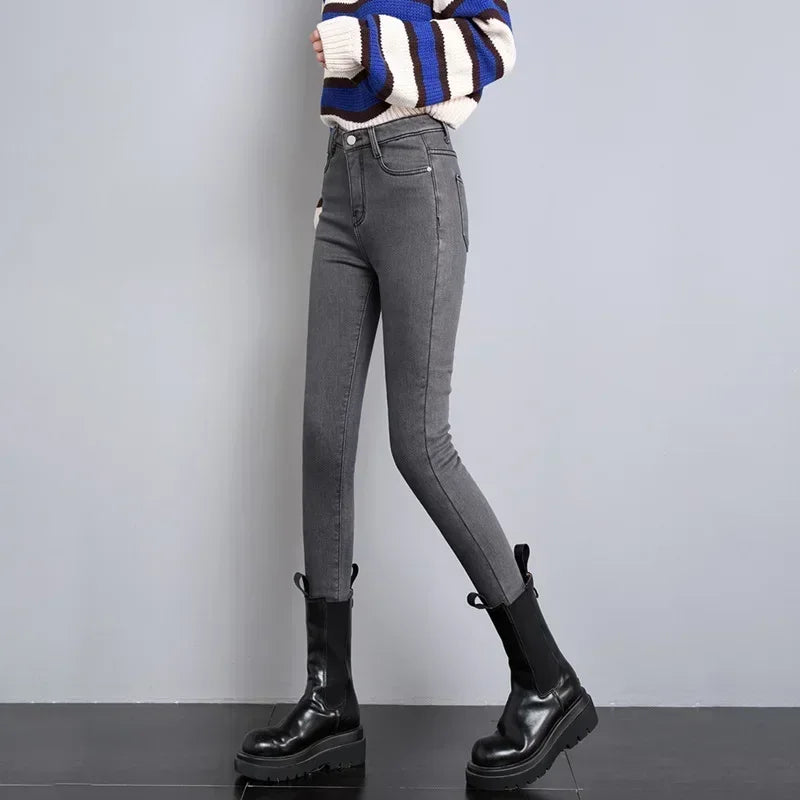 Damen Winter Warm Thermo Jeans Hose Innenfleece Stretch Hosen Leggins Denim