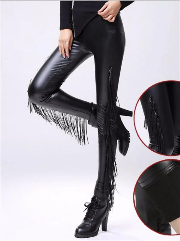 Sexy Damen Leggings Push Up Leggins Gothic Punk Hose PU Lederhose mit Fransen