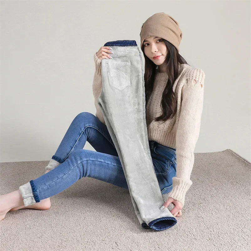 Damen Winter Warm Thermo Jeans Hose Innenfleece Stretch Hosen Leggins Denim