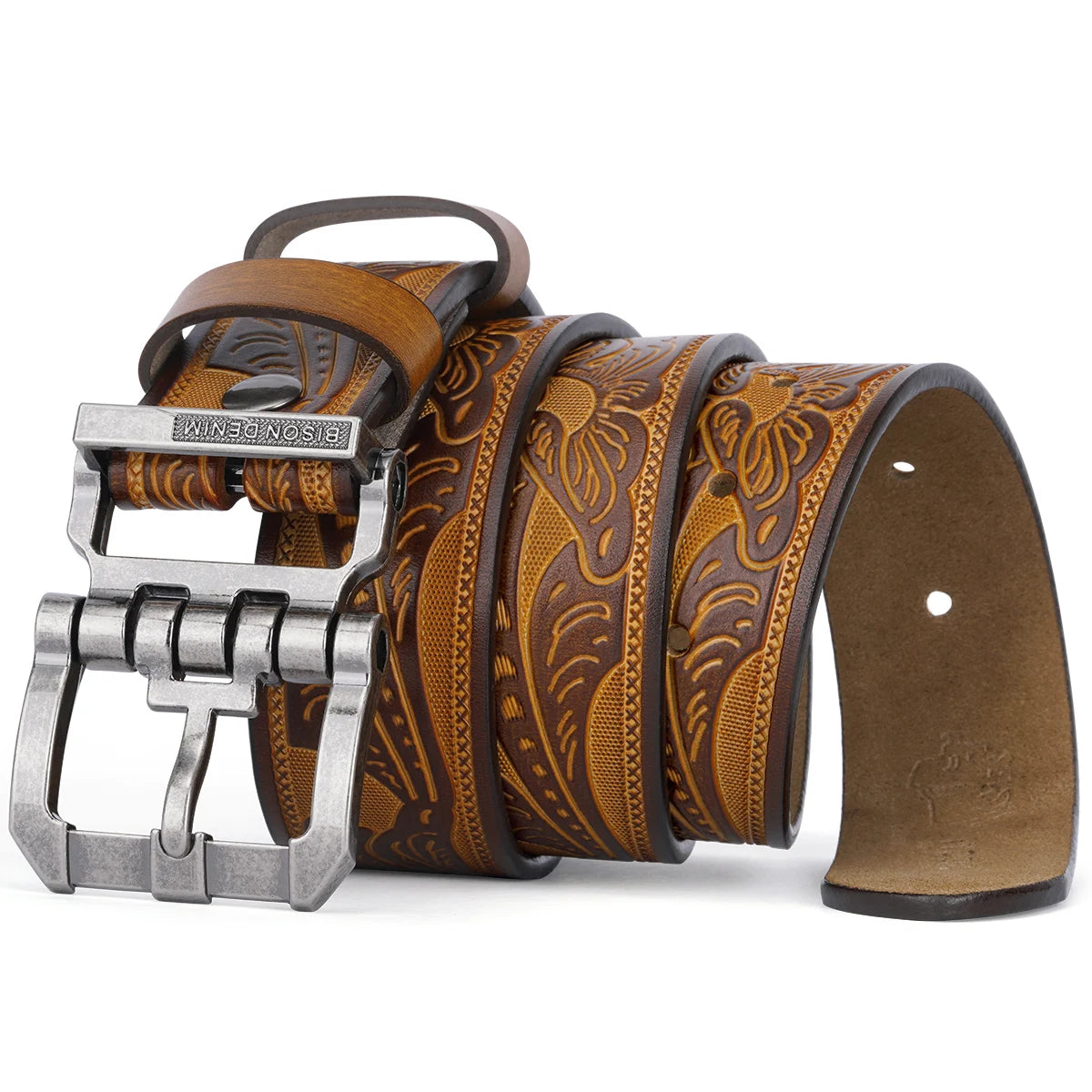 BISON DENIM Rindsleder Retro Gedruckt Männer Gürtel Echtes Split Leder Legierung Pin Schnalle Gürtel Casual Western Cowboy Stil Gürtel Für Männer