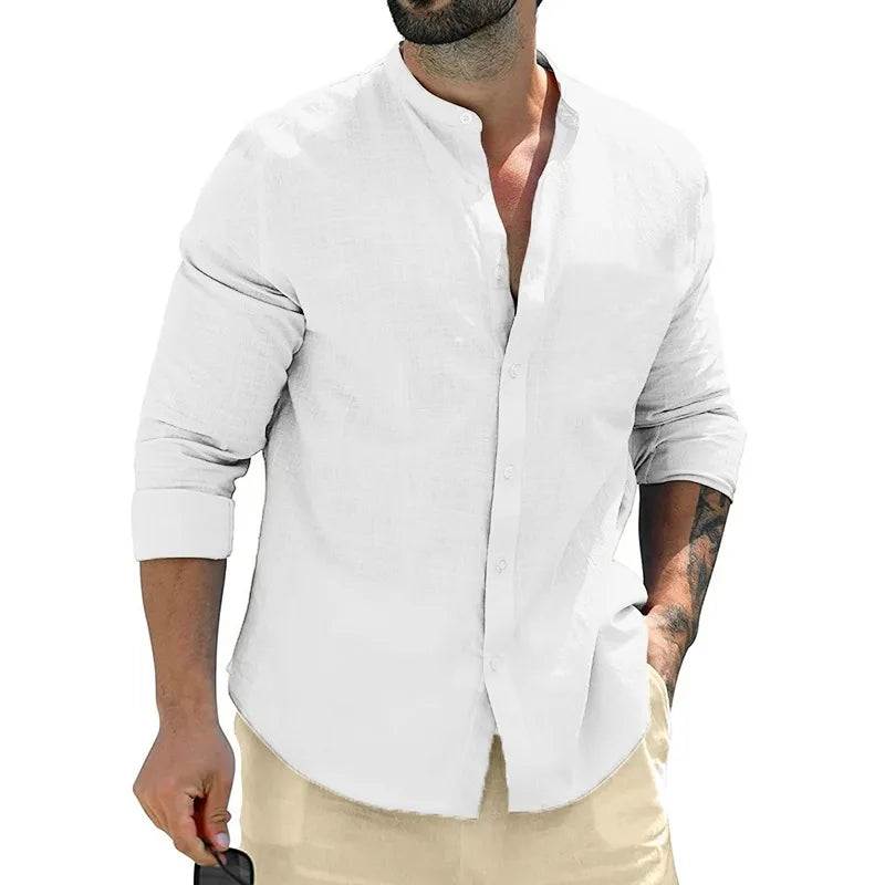 Herren Poloshirt Leinenhemd Langarm T-Shirt Leinen Hemd Polohemd Freizeithemd