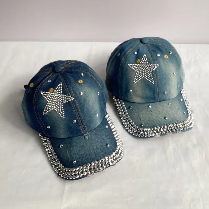 Jeans Basecap Cappy Denim Look Cap Kappe LOVE Strass gebogen Herren Damen